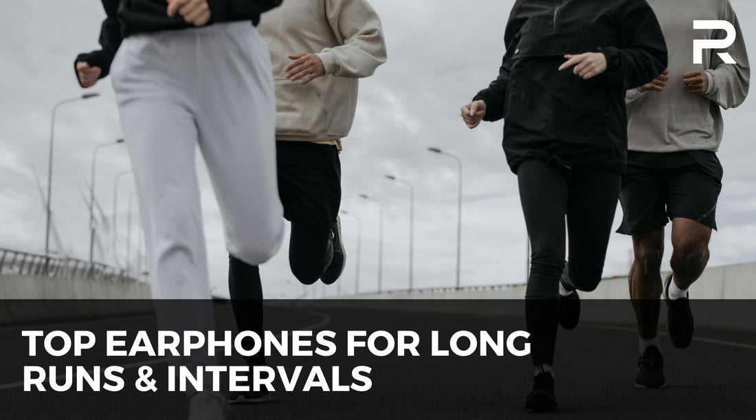 Group of runners training outdoors on a road with cloudy sky, promoting top earphones for long runs and interval workouts