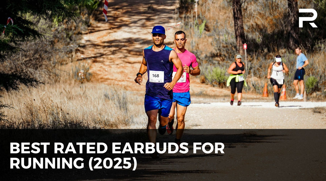 Group of runners competing in a trail race under sunny conditions, promoting best rated earbuds for running in 2025 with a focus on top reviewed headphones