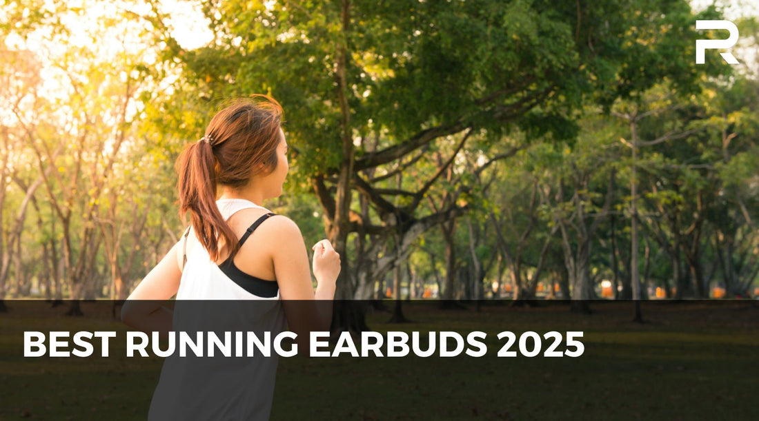 Woman jogging in a sunlit park wearing workout clothes, representing fitness and the use of running earbuds, with text overlay "Best Running Earbuds 2025"