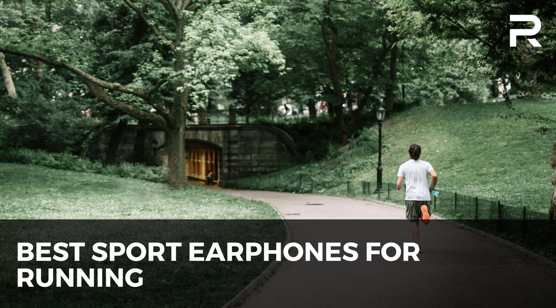 Runner jogging through a green park under trees, representing best sport earphones for running, with text overlay promoting top running earbuds
