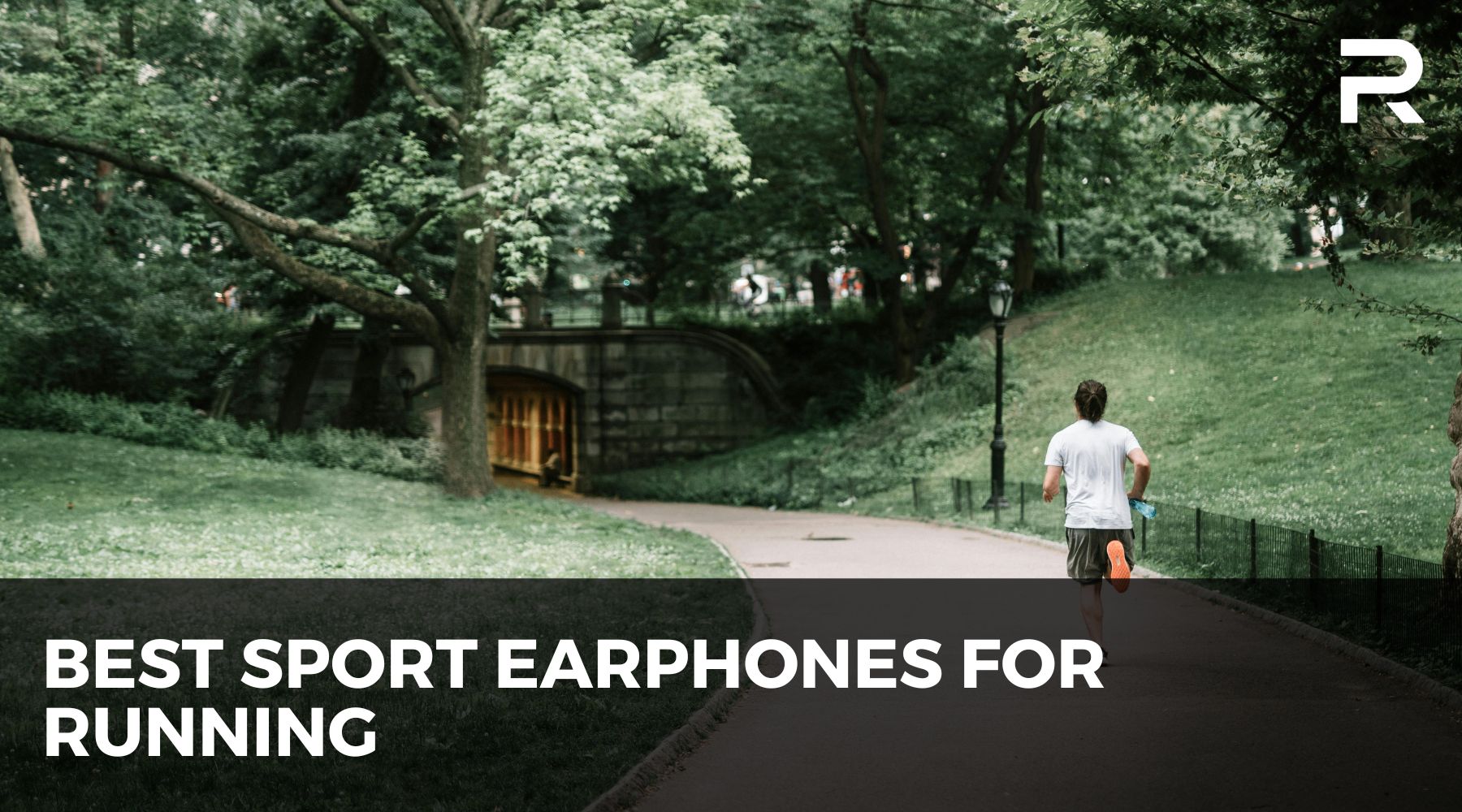 Runner jogging through a green park under trees, representing best sport earphones for running, with text overlay promoting top running earbuds