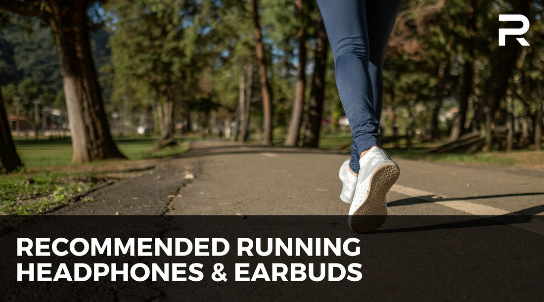 Close-up of runner’s feet on a park path, promoting recommended running headphones and earbuds for 2025 with focus on jogging and outdoor fitness