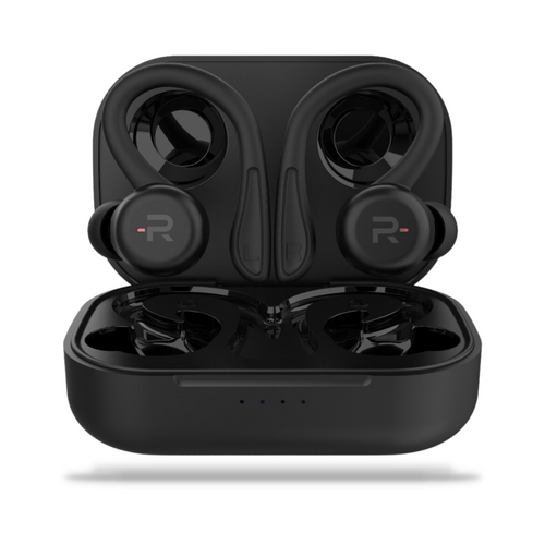 RunBuds Air black with charging case, front angle