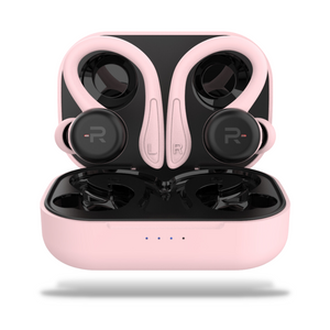 RunBuds Air pink with charging case, front angle