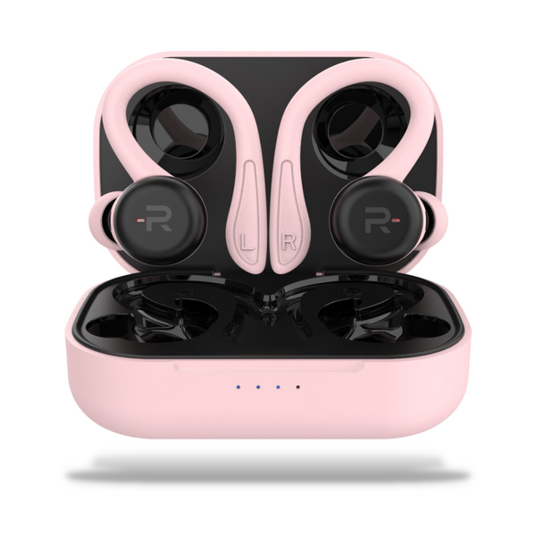 RunBuds Air pink with charging case, front angle
