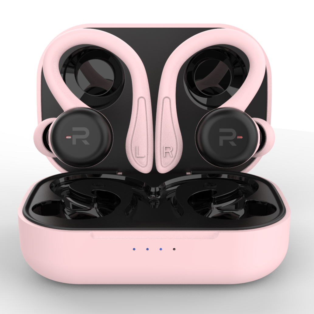 RunBuds Air Pink wireless earphones – secure-fit gym earphones with IPX6 sweat resistance